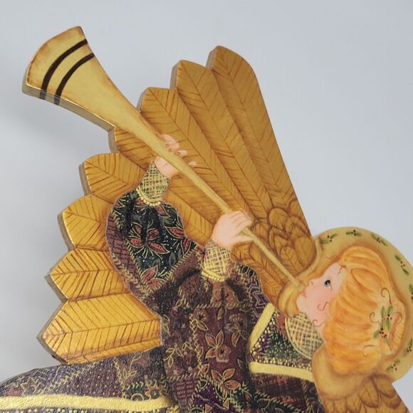 Vintage Wooden Christmas Angel Herald Hand Painted Hanging Statement Pc 20" Tall - Picture 7 of 12